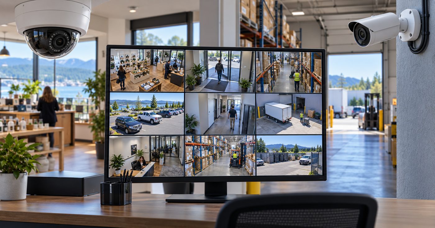 Business CCTV cameras and video recorder display installed by 3TEC in Duncan, BC