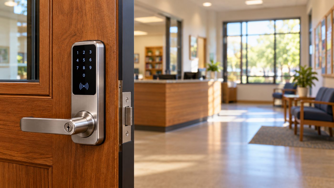 Electronic keypad and card reader door lock installed on an office entrance