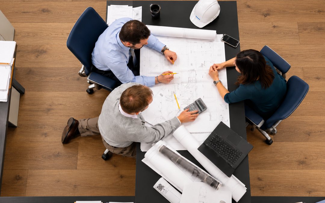 Project team reviewing building plans and IT requirements around a table
